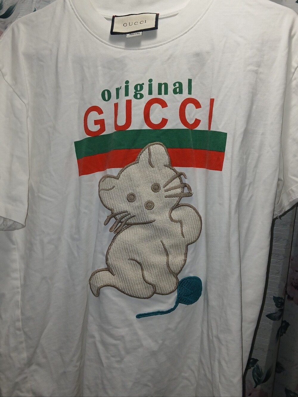 Gucci White Tee with Green & Red Stripe and Cream Kitty